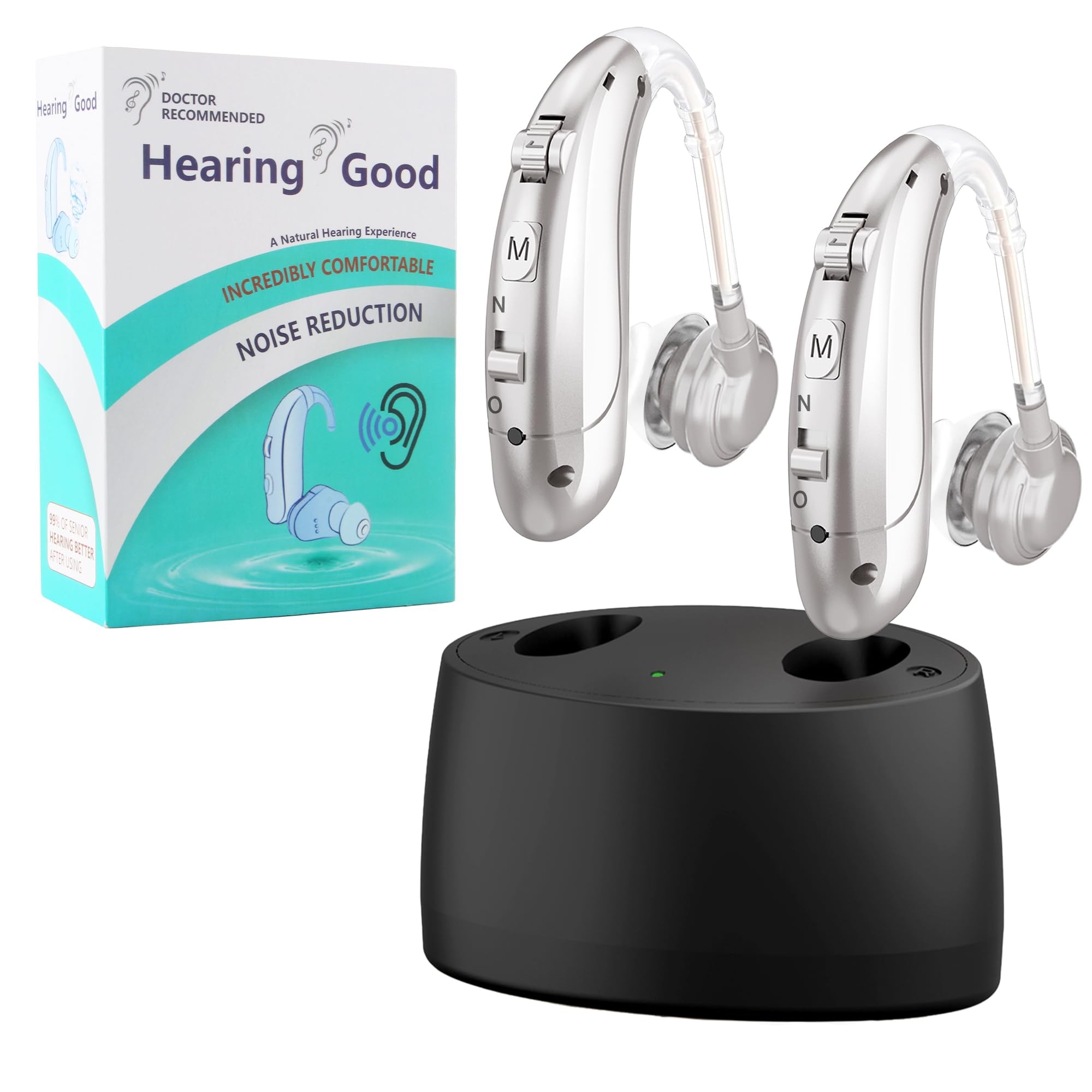 Hearing Aids for Seniors, Hearing Aids Rechargeable with Noise Cancelling and Volume Control, Hearing Amplifier for Adults Hearing Loss, Portable Behind-the-Ear Hearing Aid Headphones (Silver)