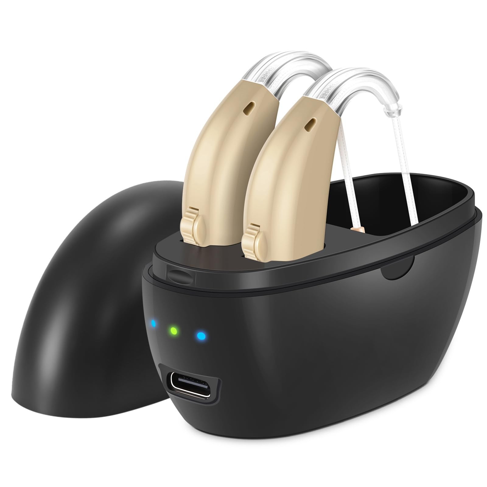 Hearing Aids for Seniors,Rechargeable Hearing Amplifier with Noise Cancelling,Adjustable Volume Control,One Pair Hearing Assist Devices with Charging Box,Black
