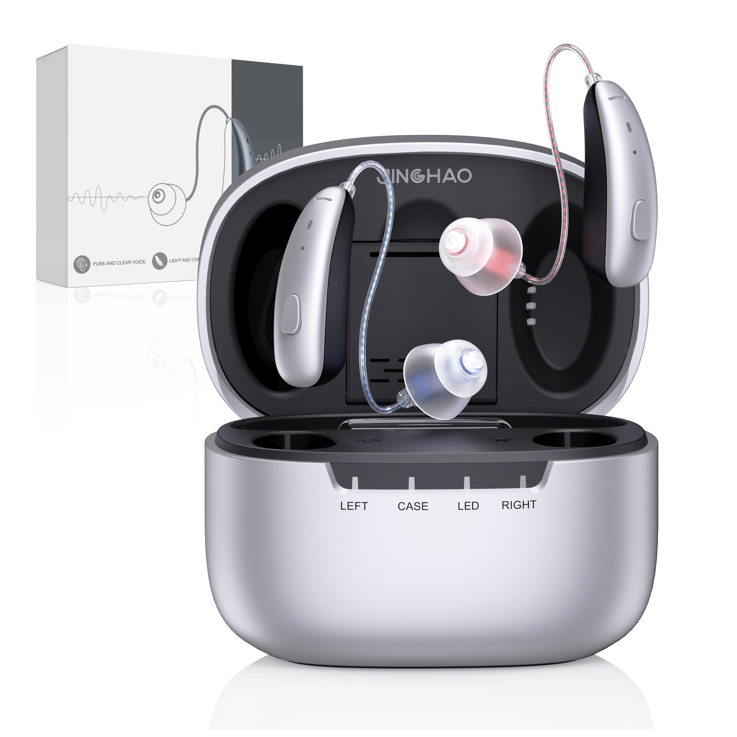 JINGHAO Hearing Aids for Seniors, 16-Channel Rechargeable Hearing Amplifiers with Noise Cancelling, RIC Design for Comfort & No Whistling, Portable Charging Case, Longtime Battery Life, Silver Black