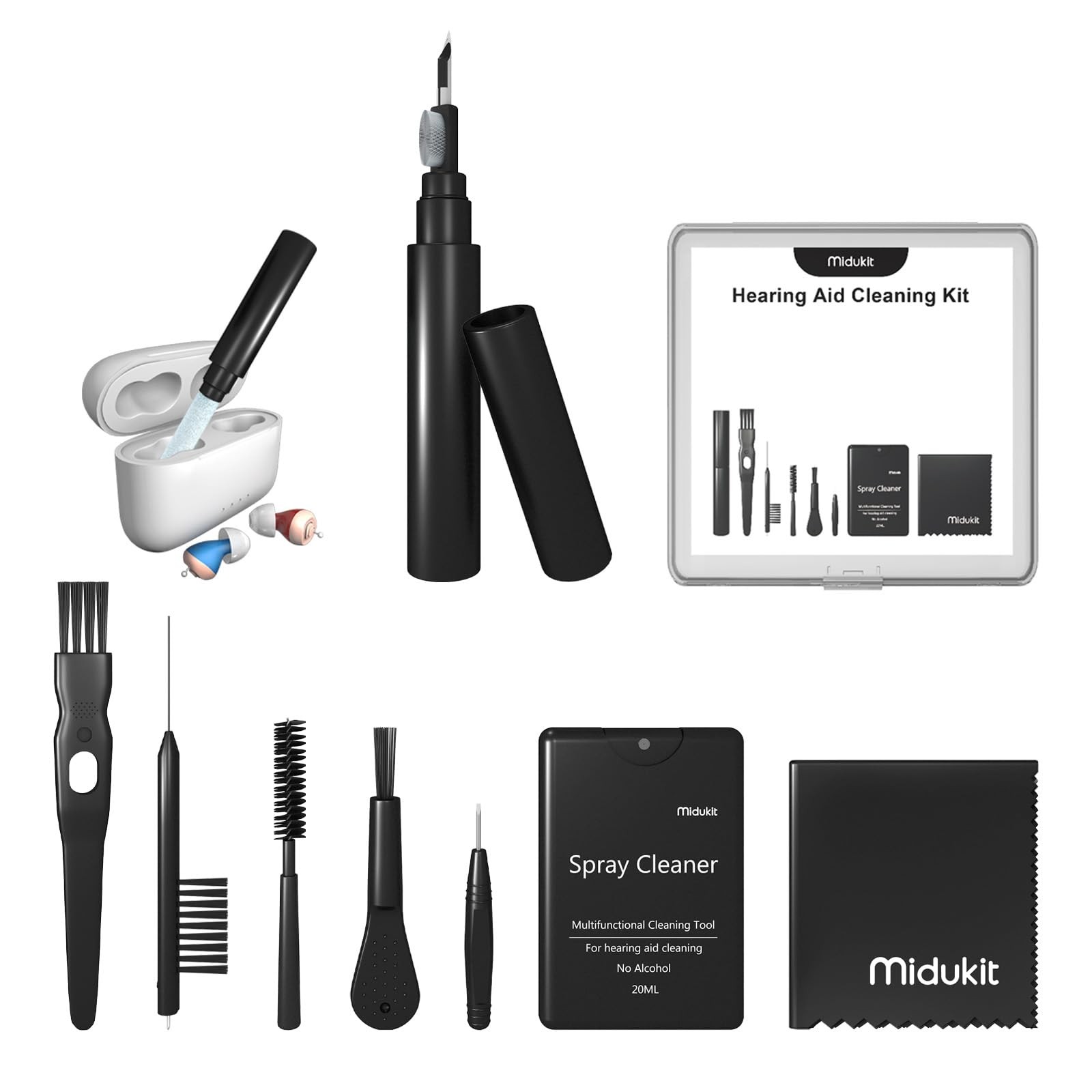 Premium Hearing Aid Cleaning Kit - Compatible with Rechargeable Hearing Aid with Bluetooth, Oticon, Phonak, Hearing Aid Cleaning Tools with Pen, Spray, Brush, Cloth, Hearing Aid Supplies Accessories